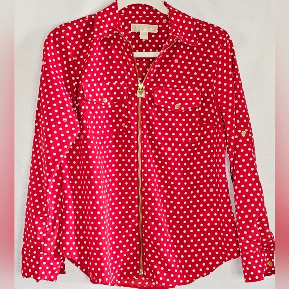 Petite Dot-Print Zip-Front Shirt